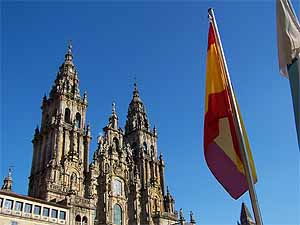 Santiago de Compostela - Cathedral and flag of Spain